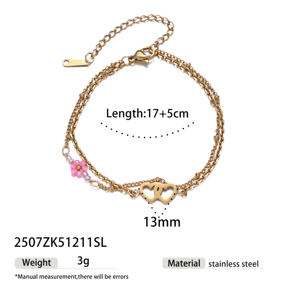 Bracelet En Acier Inoxydable Doré, Imperméable, Orné De Perles Et D'Un Cœur Fleuri, Collection Romantique (1 Pièce). 