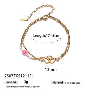 Bracelet En Acier Inoxydable Doré, Imperméable, Orné De Perles Et D'Un Cœur Fleuri, Collection Romantique (1 Pièce). h5 