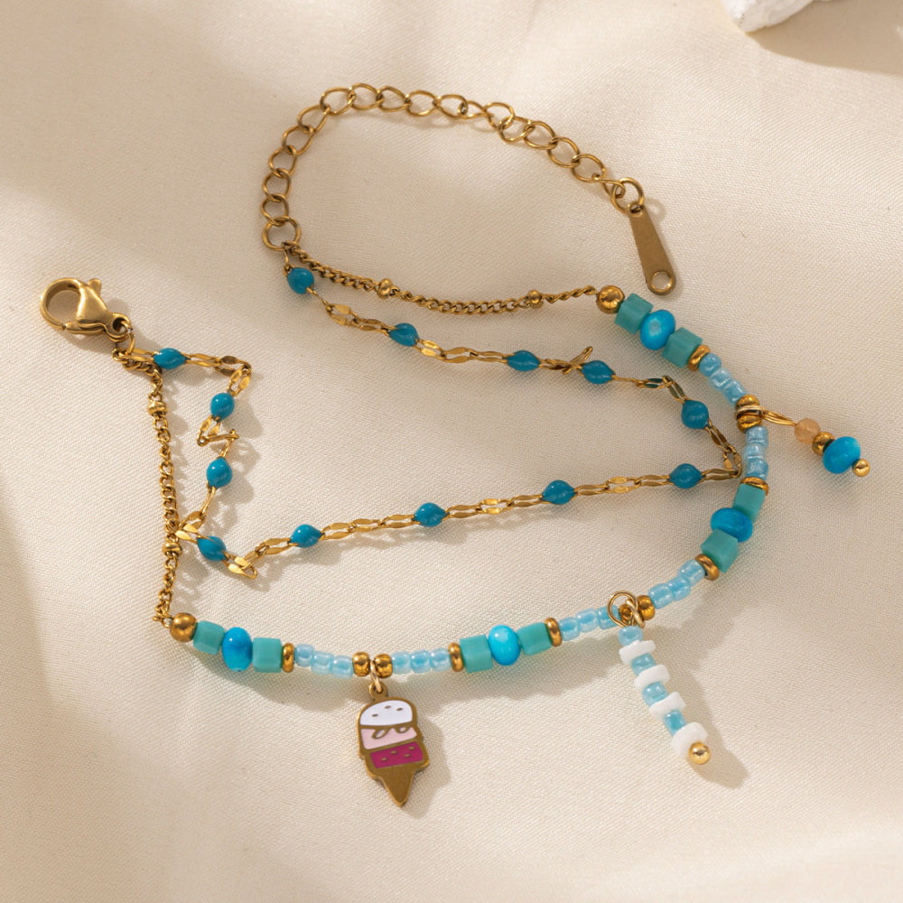 Bracelet En Acier Inoxydable Doré, Imperméable, Orné De Perles Et D'Un Cœur Fleuri, Collection Romantique (1 Pièce). Image3