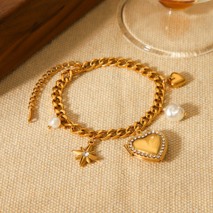 Bracelet À Breloques Daily Heart Pour Femme, En Acier Inoxydable Étanche, Couleur Or, Avec Zircon (1 Pièce). h5 Image7