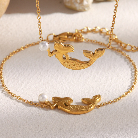 Bracelet à breloques pour femme, en acier inoxydable, couleur or, en forme de sirène (1 pièce).