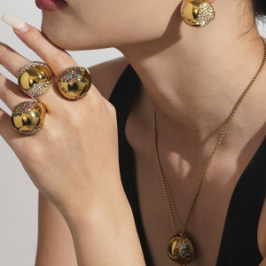 Ensemble De Bijoux Pour Femmes En Acier Inoxydable Doré, Orné D'Un Zircon Et D'Un Demi-Cercle (1 Pièce). h5 Image3