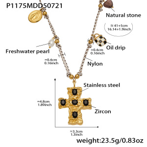 Collier Pendentif Femme Classique En Forme De Croix, Perles, Acier Inoxydable, Couleur Or, Zircon, Étanche (1 Pièce) h5
