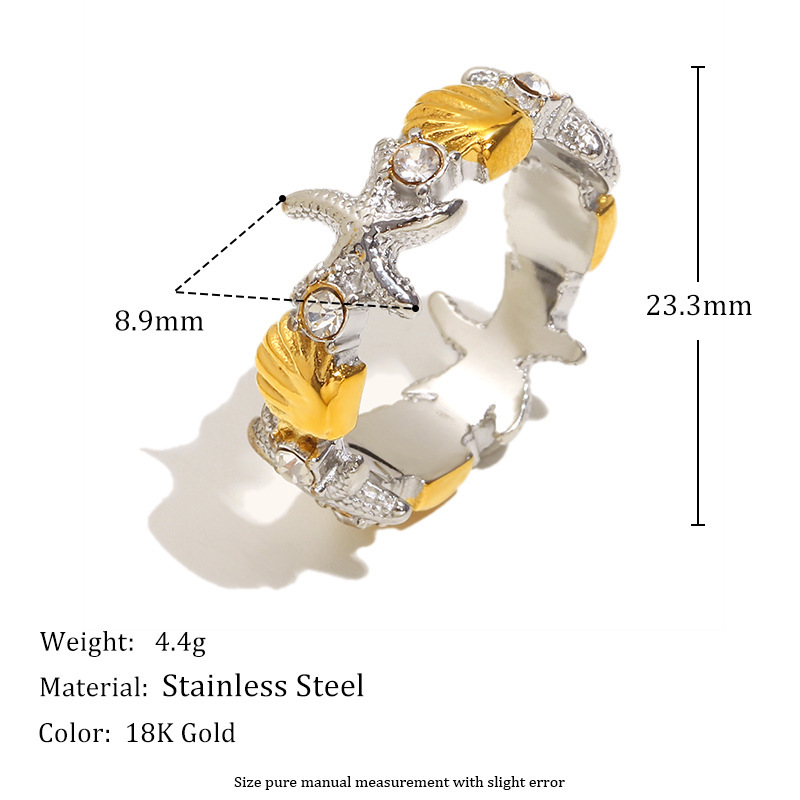 Bague Tendance En Acier Inoxydable Doré, Ornée D'Étoiles De Mer Et De Coquillages (1 Pièce) Image8