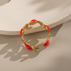 Bague Tendance En Acier Inoxydable Doré, Couleur Cerise Douce, Collection Romantique (1 Pièce). h5 Image5