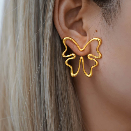Boucles d'oreilles puces pour femme, en acier inoxydable doré, motif papillon naturel (1 paire). 2