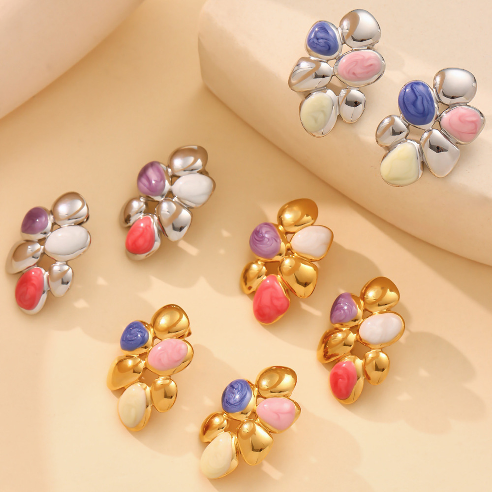 Boucles D'Oreilles Puces Pour Femme, En Acier Inoxydable, Couleur Or, Avec Motif Floral Polychrome (1 Paire). Image3
