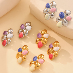 Boucles D'Oreilles Puces Pour Femme, En Acier Inoxydable, Couleur Or, Avec Motif Floral Polychrome (1 Paire). h5 Image3