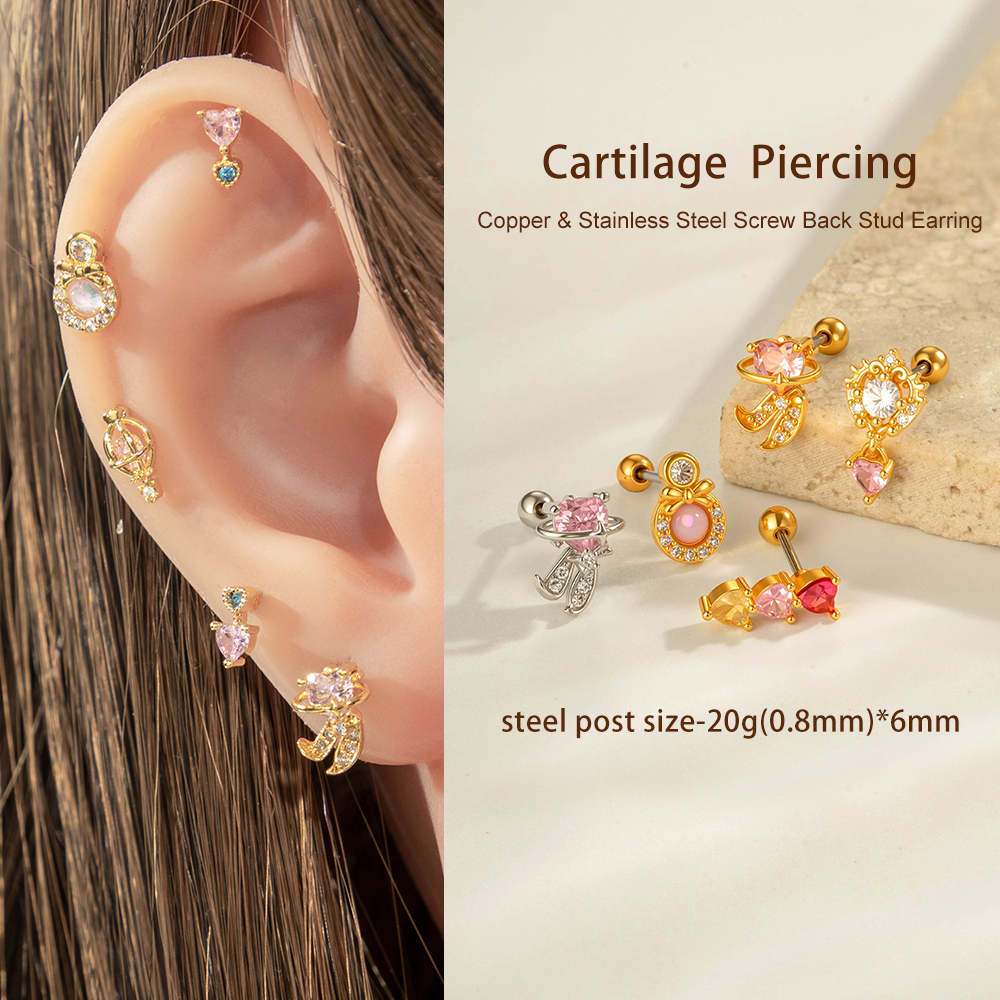 Boucle D'Oreille Piercing En Forme De Cœur En Cuivre Doré Et Zircon h5Image4