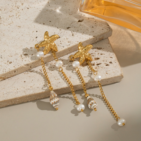 Boucles d'oreilles pendantes en acier inoxydable doré, imperméables, avec pompon en forme d'étoile de mer (1 paire). 2