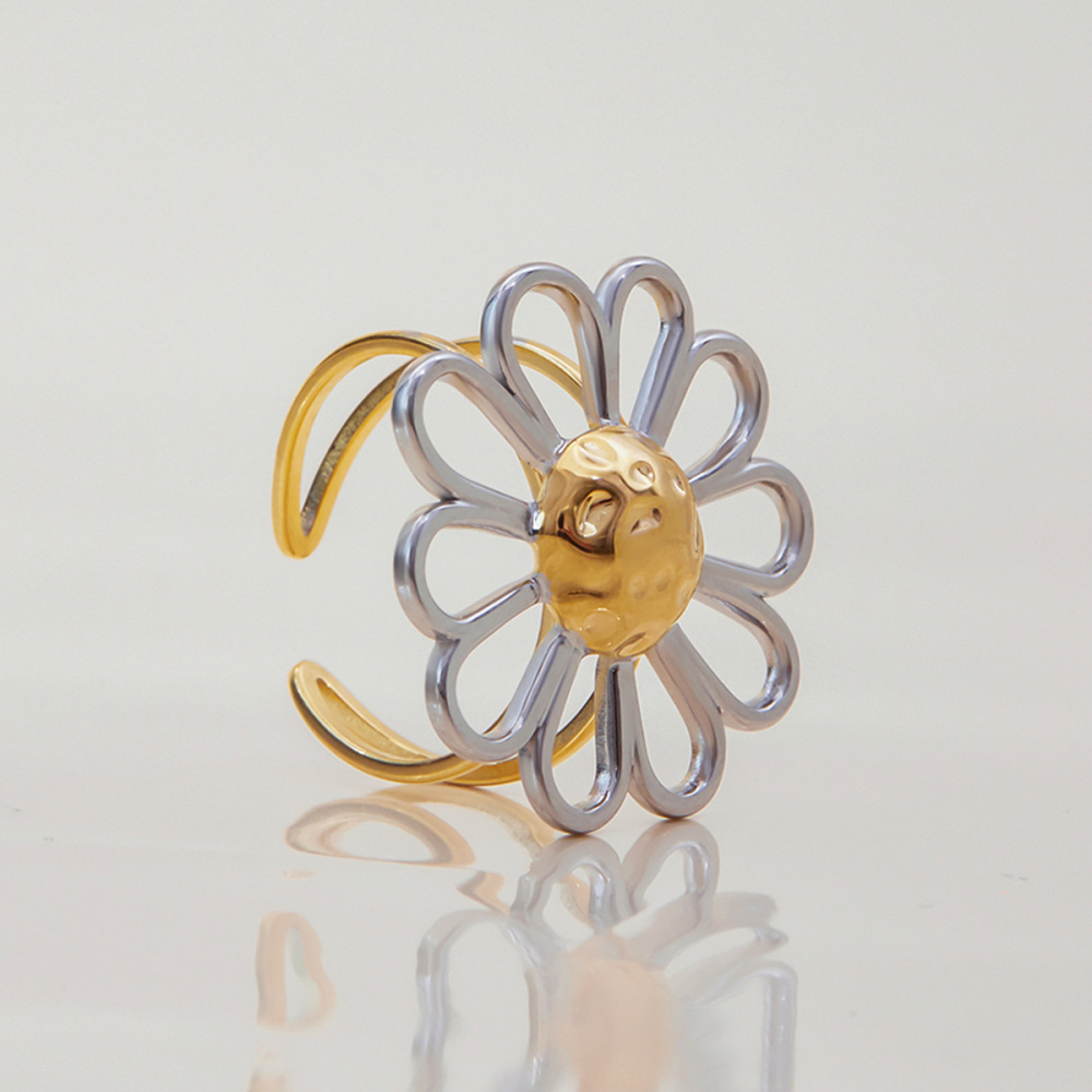 Bague Minimaliste En Acier Inoxydable Doré, Imperméable, À Motif Floral (1 Pièce) Image6