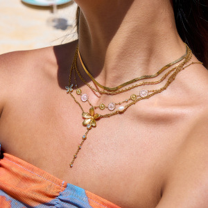 Collier Pendentif Femme En Acier Inoxydable Doré, Orné De Pompons Floraux Exquis (1 Pièce) h5 Image3