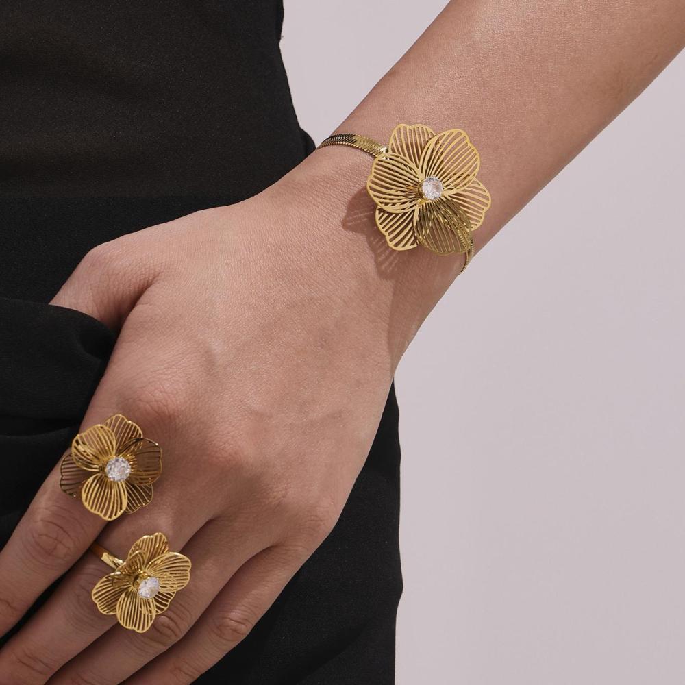 Ensemble De Bijoux Pour Femme En Acier Inoxydable Doré, Orné D'Un Zircon Et D'Une Fleur Classique (1 Pièce). h5Image3