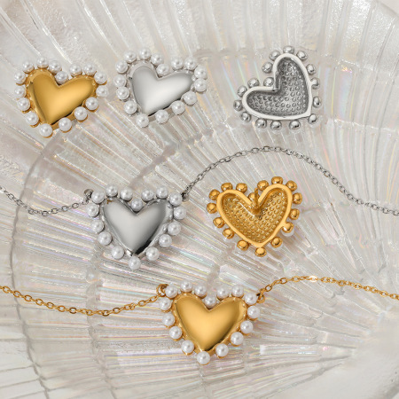 Ensemble de boucles d'oreilles pour femme Sweet Heart en acier inoxydable étanche couleur or avec perles artificielles 2