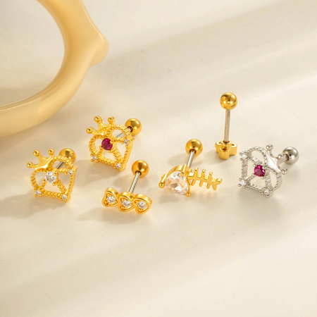 Boucles d'oreilles percées délicates en forme de couronne en cuivre et zircone pour femme, 1 pièce