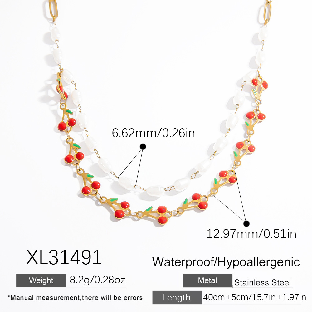 Collier Simple En Acier Inoxydable Pour Femme, 1 Pièce, Motif Cerise Naturelle Image2