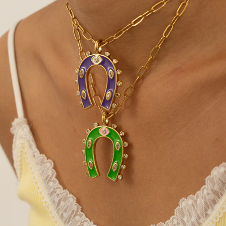 Collier pendentif rétro en forme de fer à cheval, en acier inoxydable étanche, couleur or, pour femme (1 pièce) 2