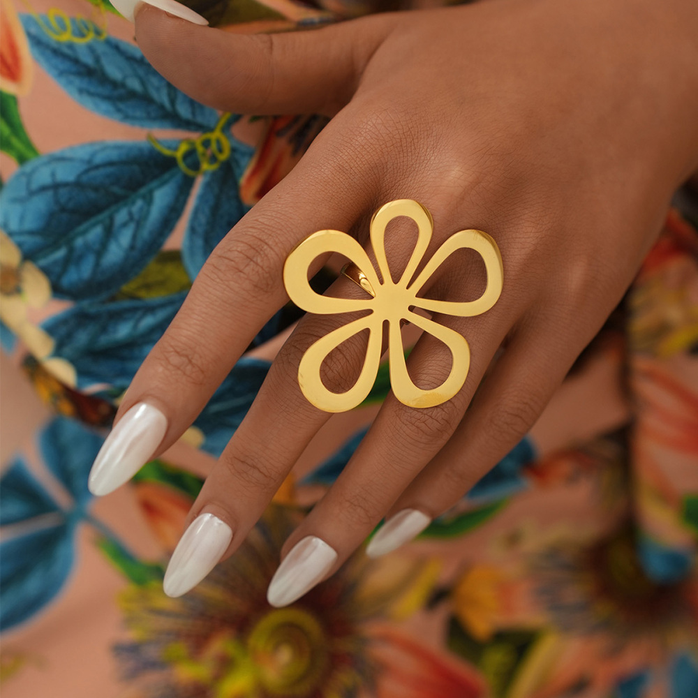 Bague De Déclaration Pour Femme En Acier Inoxydable Couleur Or Avec Motif Floral Rétro, 1 Pièce Image6