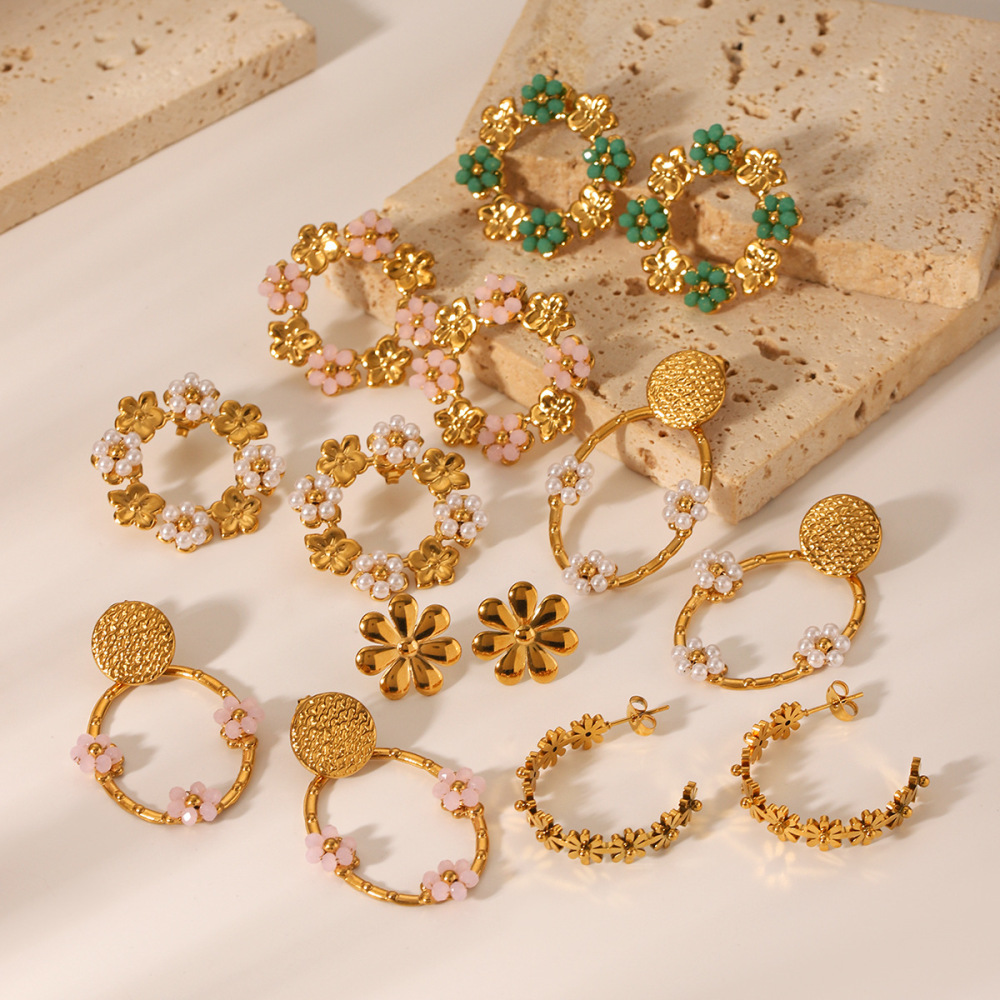 Boucles D'Oreilles Puces Pour Femmes, Motif Floral Simple Du Quotidien, En Acier Inoxydable Étanche, Couleur Or. Image4