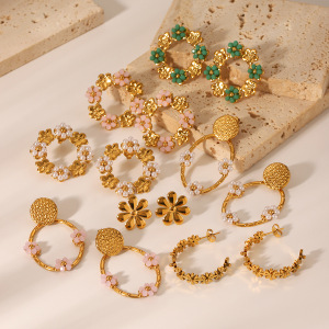 Boucles D'Oreilles Puces Pour Femmes, Motif Floral Simple Du Quotidien, En Acier Inoxydable Étanche, Couleur Or. h5 Image4
