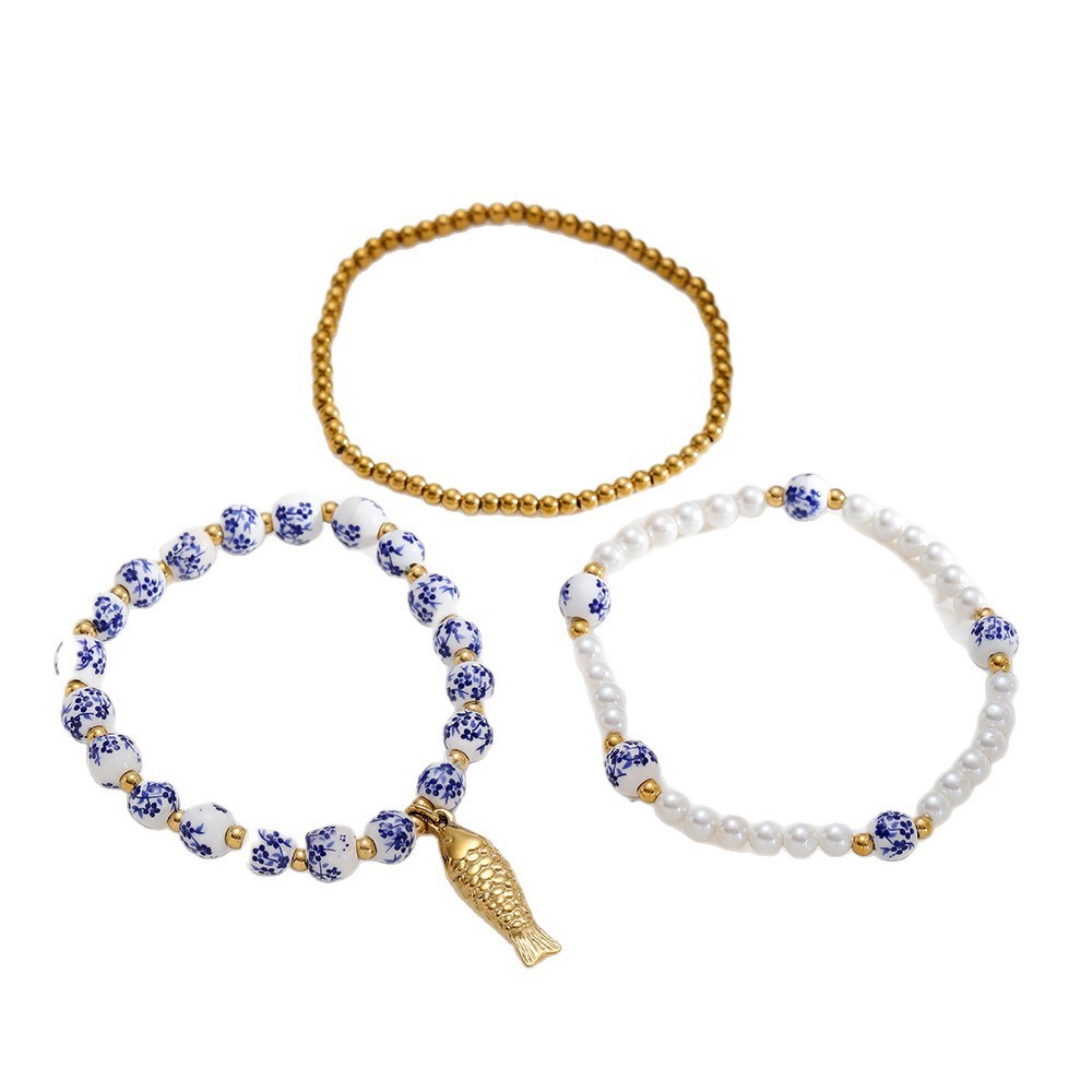 Bracelet De Perles Pour Femme, Série Classique, Élégant, En Céramique, Couleur Or, Motif Floral Image5
