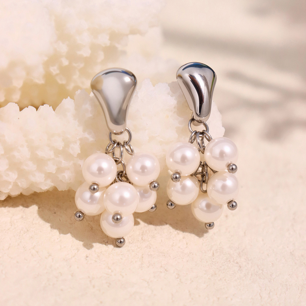 Boucles D'Oreilles Pour Femme, 1 Paire, Ornées De Perles Et De Pompons En Pierre Naturelle, En Acier Inoxydable Étanche, Couleur Or. Image4