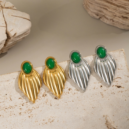 Boucles d'oreilles puces pour femme, style rétro simple, en acier inoxydable, couleur or, imperméables, avec motif feuille. 1 paire 2