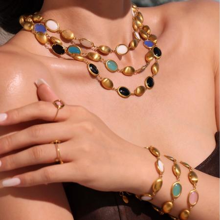 Ensemble de colliers pour femmes, 1 pièce, forme ovale élégante, opale, acier inoxydable, étanche, couleur or