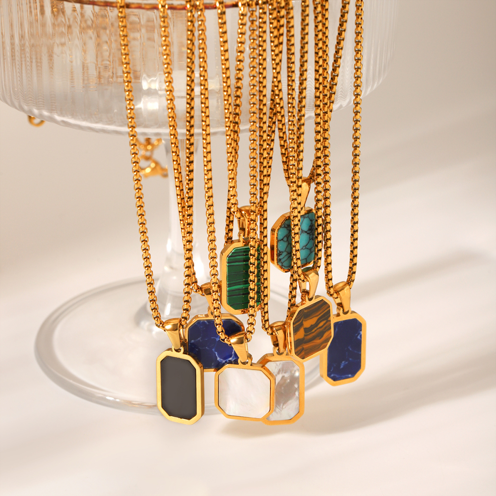 Collier Pendentif Femme Simple Series Daily Rectangle En Acier Inoxydable Étanche Avec Pierre Naturelle (1 Pièce) Image8