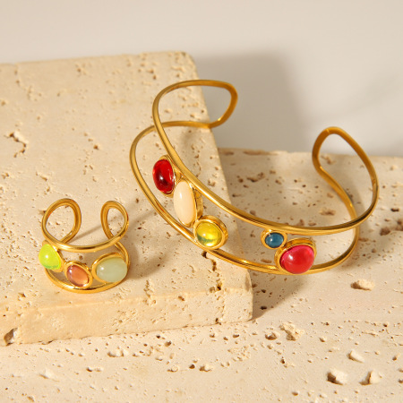Bracelet pour femme en acier inoxydable imperméable avec pierre naturelle, forme irrégulière, simple et élégant (1 pièce) 2