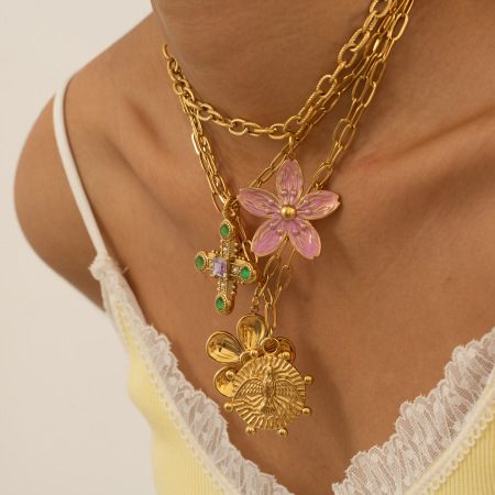 Collier pendentif femme en acier inoxydable doré, motif floral romantique (1 pièce) 2