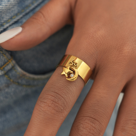 Bague simple classique en acier inoxydable couleur or, étanche, collection Lune.