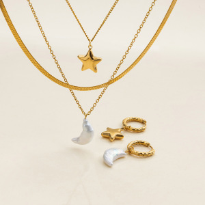 Ensemble De Bijoux Pour Femme En Acier Inoxydable Étanche, Orné D'Une Perle D'Eau Douce Et D'Un Motif Soleil Et Lune (1 Pièce). h5 Image9