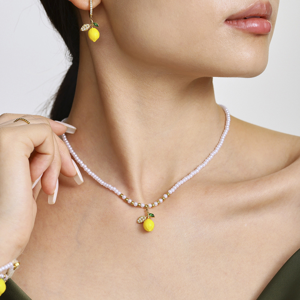 Collier Pendentif Femme En Acier Inoxydable Doré, Motif Citron Naturel (1 Pièce) Image6