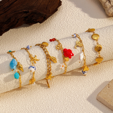 Bracelet à breloques en acier inoxydable doré, 1 pièce, en forme d'étoile de mer