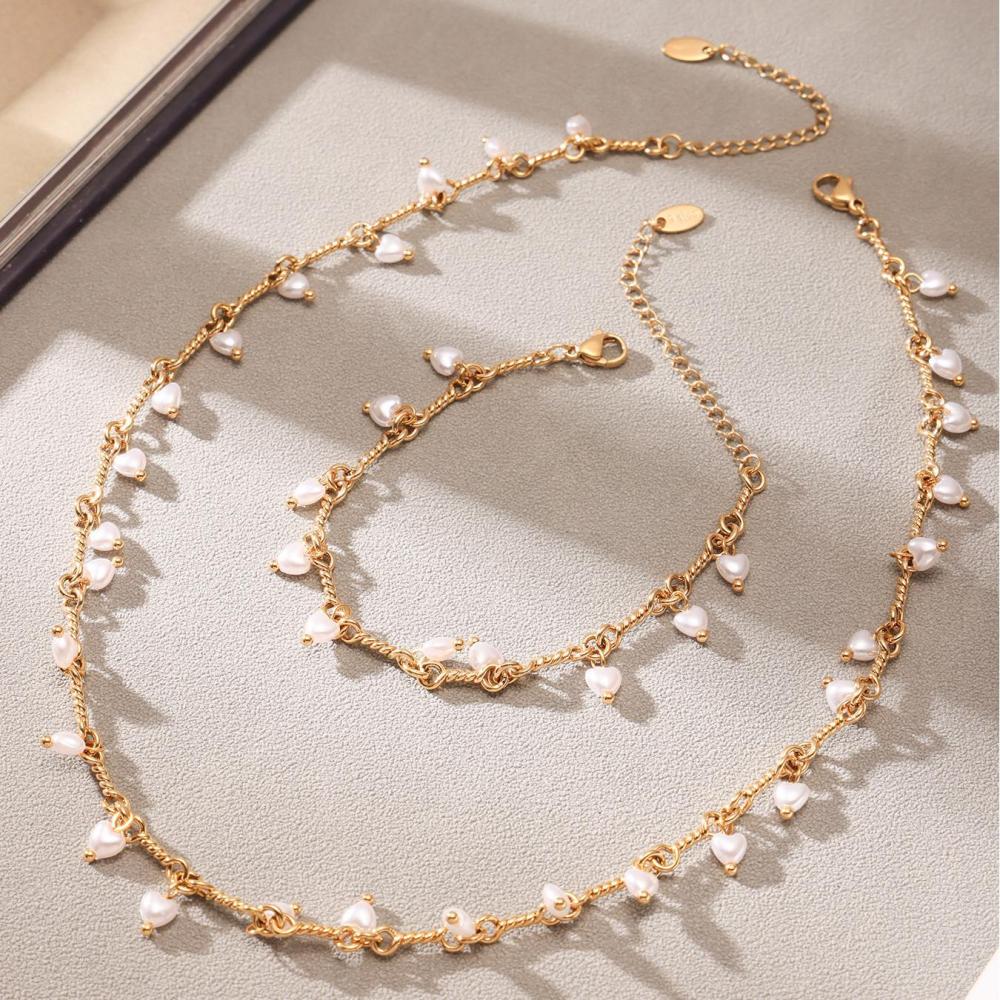 Ensemble De Colliers Pour Femmes En Acier Inoxydable Doré, Perles Classiques Et Acier Inoxydable, Imperméables, 1 Pièce Image7