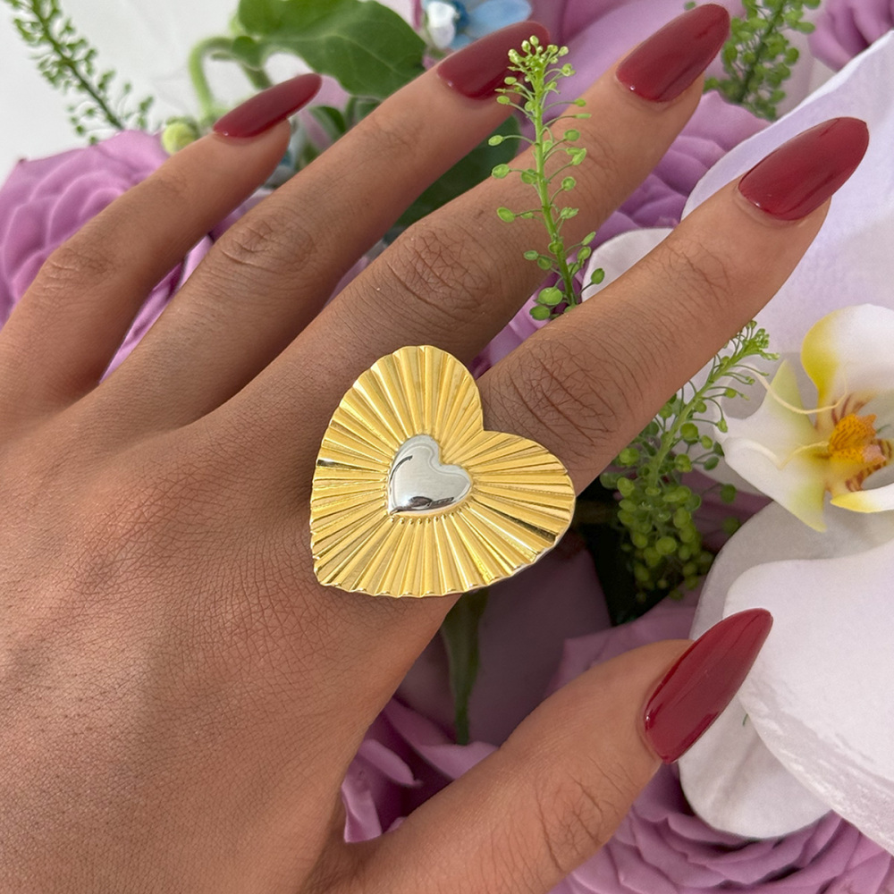 Bague Romantique Simple En Forme De Cœur, En Acier Inoxydable, Étanche (1 Pièce) Image3