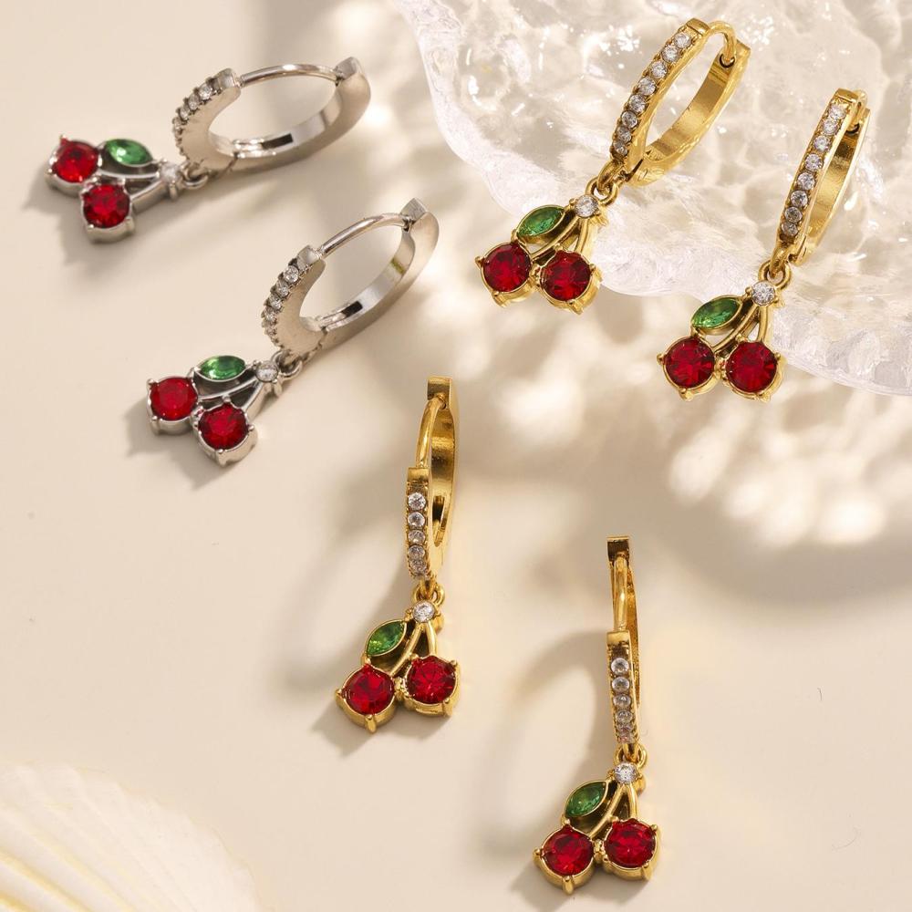 Ensemble De Bijoux Pour Femmes En Acier Inoxydable Doré, Couleur Cerise Vive (1 Pièce). h5Image7