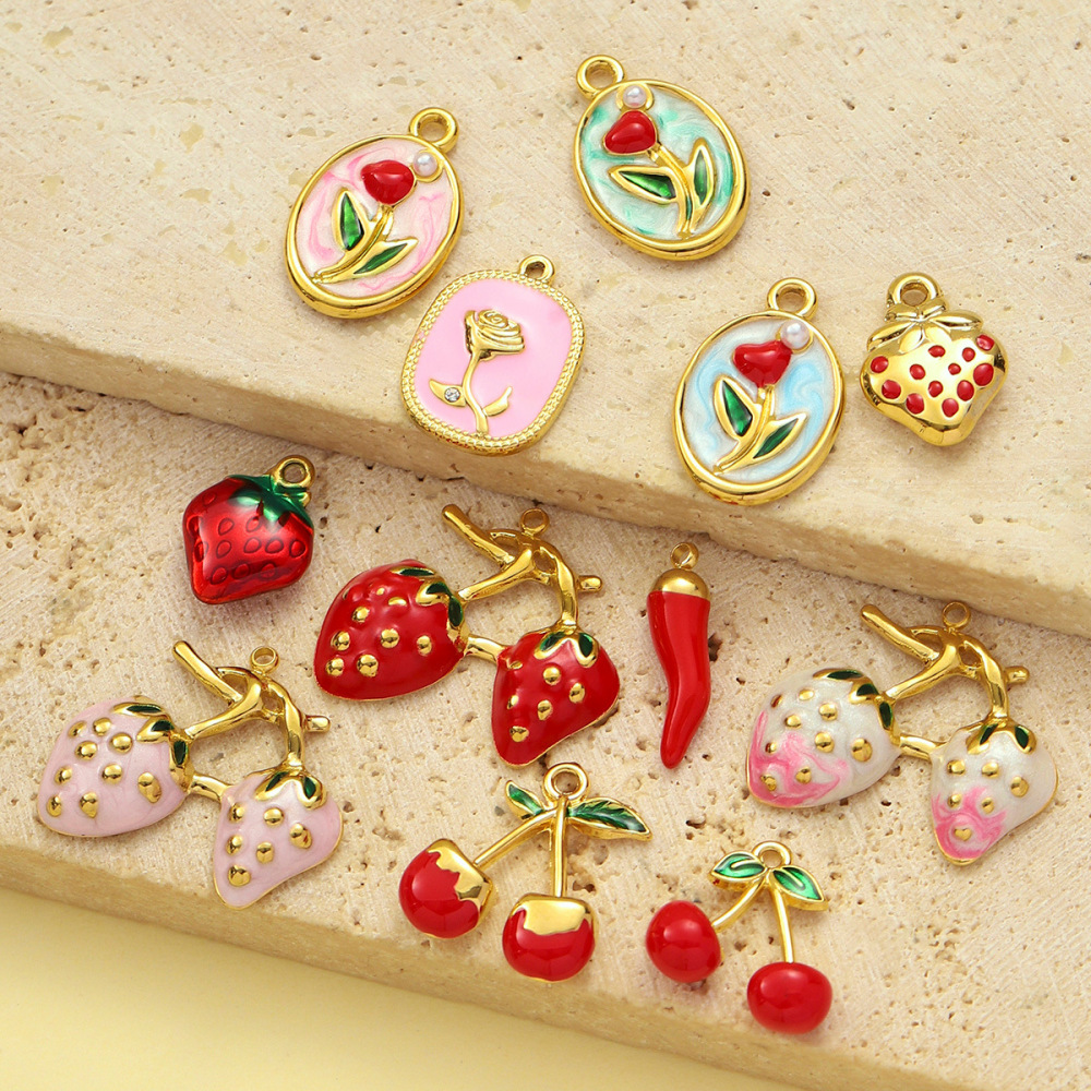 Pendentif Femme Diy En Acier Inoxydable Doré, Motif Cerise, Étanche, Collection Romantique (1 Pièce) Image4
