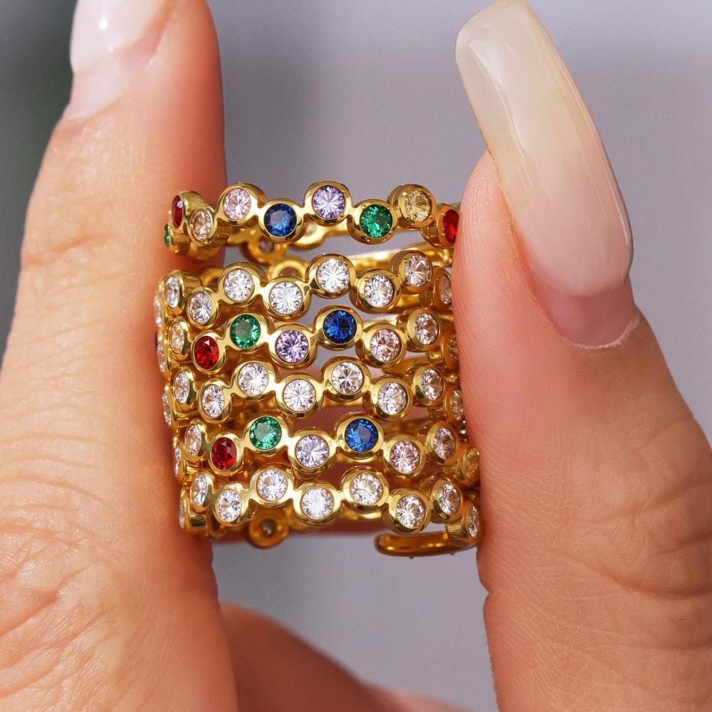 Bague Pour Femme En Acier Inoxydable Doré, Ornée D'Un Zircon Et D'Une Pierre Précieuse, Ornée D'Un Cercle Exquis (1 Pièce). h5Image5