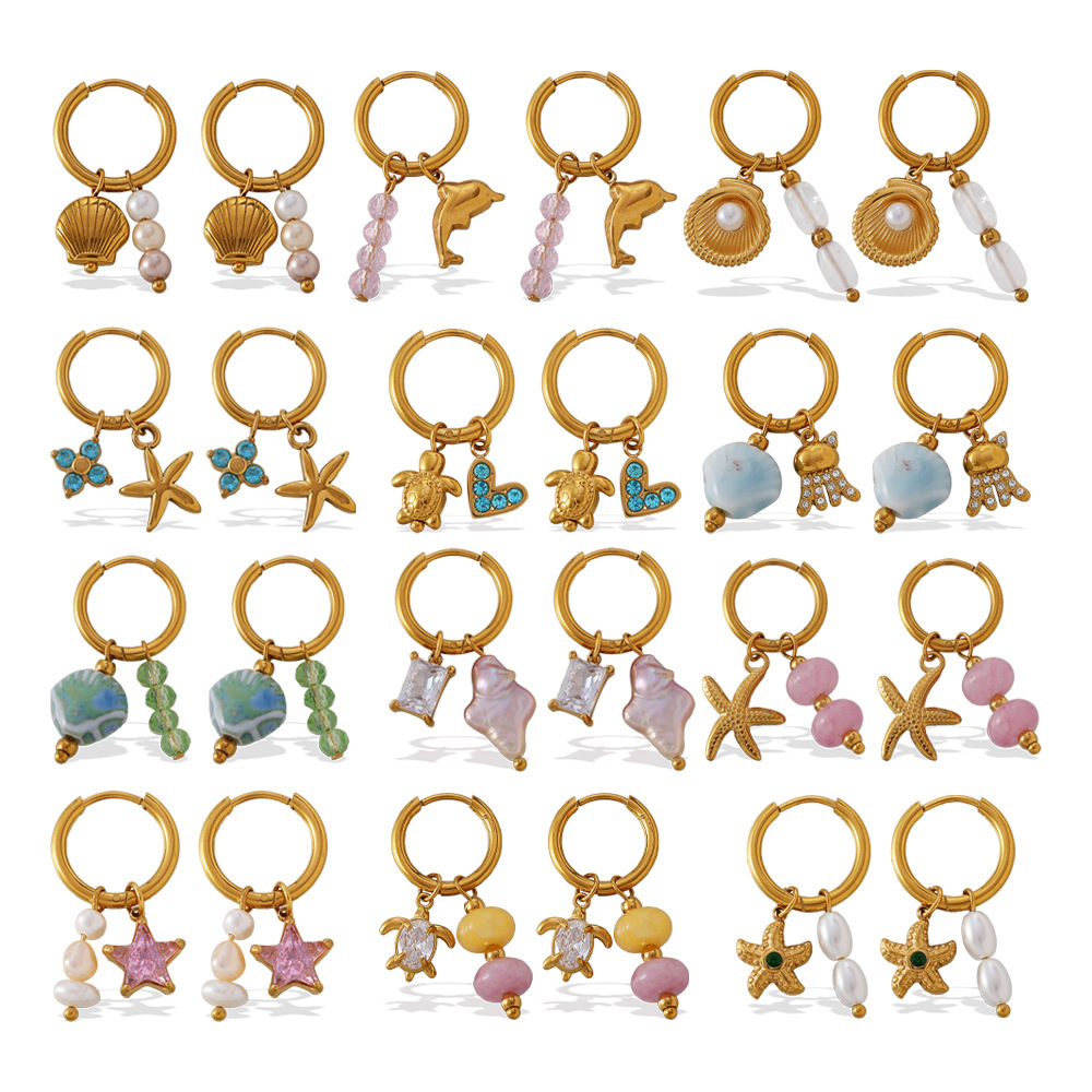 1 Paire De Boucles D'Oreilles Pendantes Oceanic En Acier Inoxydable Étanche Couleur Or Image6