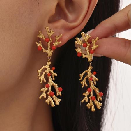 Boucles d'oreilles pendantes pour femme, en acier inoxydable doré, couleur corail, imperméables, collection Luxe (1 paire)