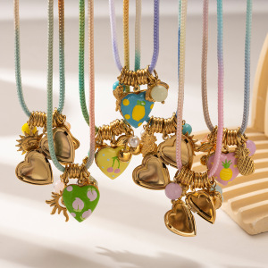 Collier Tressé Doré Avec Croix En Forme De Cœur Rétro Et Pierres Naturelles (1 Pièce) h5 Image3