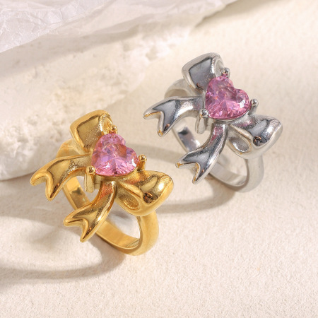 Bague pour femme en acier inoxydable étanche avec nœud papillon mignon et zircon, 1 pièce, collection Simple. 2