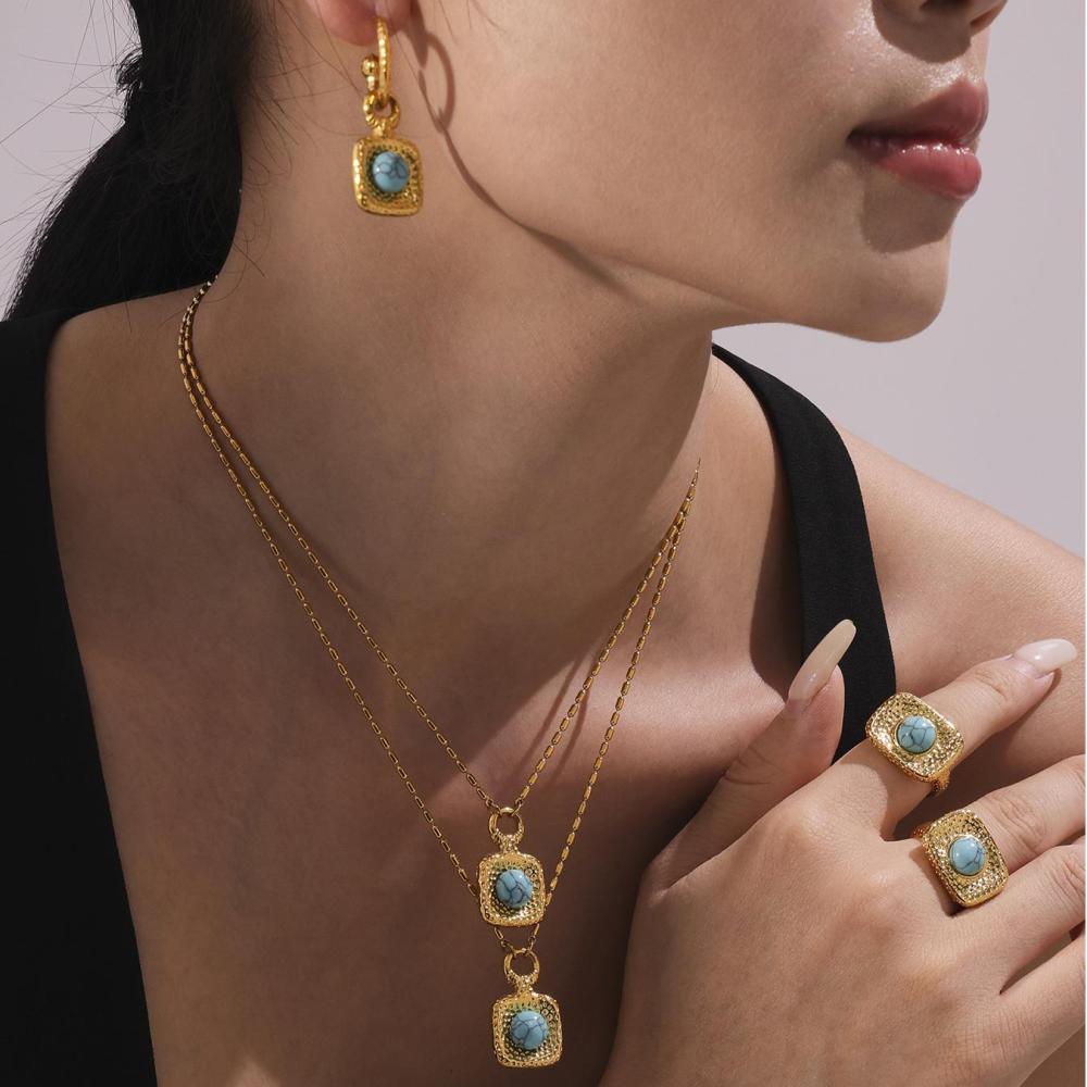 Ensemble De Bijoux Pour Femmes, 1 Pièce, Style Rétro Rectangulaire, En Acier Inoxydable Turquoise, Étanche, Couleur Or, Avec Pierre Naturelle. h5Image3