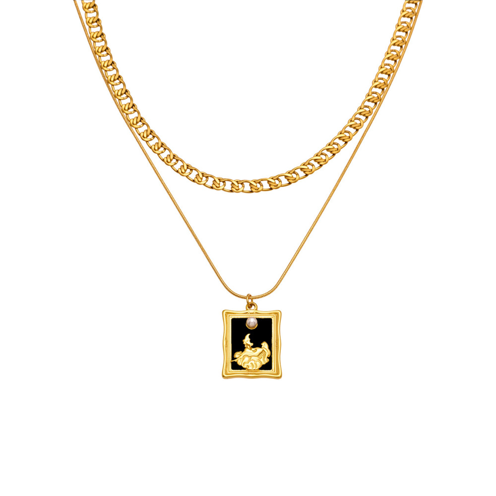 Collier À Plusieurs Rangs Rétro Rectangulaire En Acier Inoxydable, Couleur Or, Étanche (1 Pièce) 