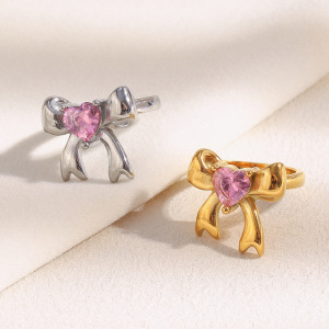 Bague Pour Femme En Acier Inoxydable Étanche Avec Nœud Papillon Mignon Et Zircon, 1 Pièce, Collection Simple. h5 Image4