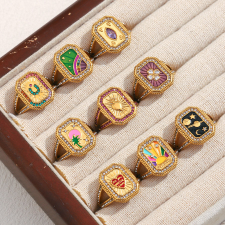 Bague tendance rétro tarot en acier inoxydable étanche couleur or (1 pièce)