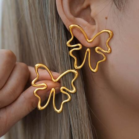 Boucles d'oreilles puces pour femme, en acier inoxydable doré, motif papillon naturel (1 paire).