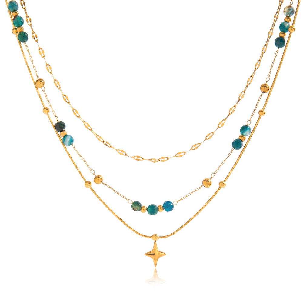 Collier À Plusieurs Rangs Pour Femme, Orné De Perles Rétro En Forme D'Étoile, En Acier Inoxydable Étanche Couleur Or (1 Pièce) Image8